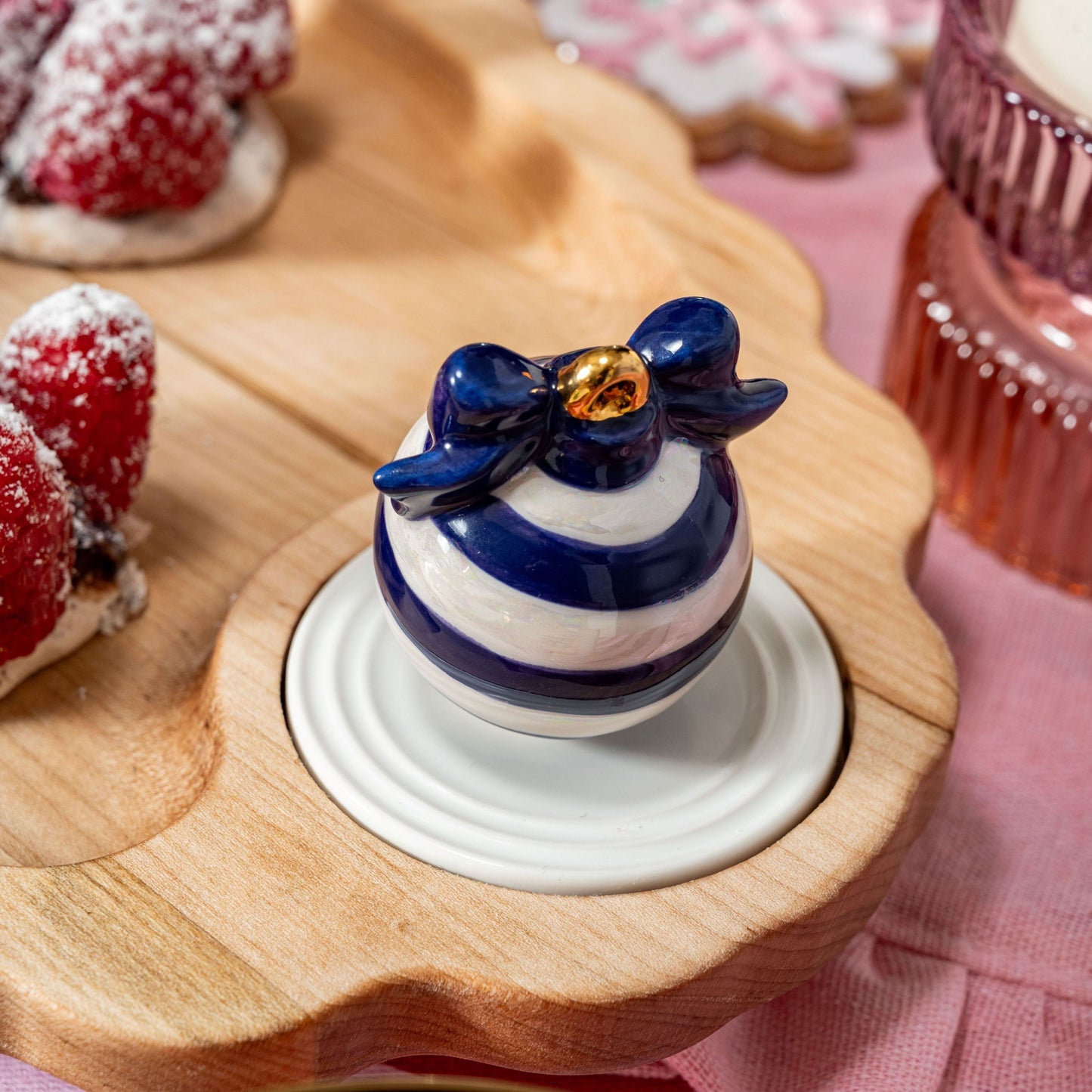 This image features a charming Christmas ornament mini from the "deck the halls" series in a delightful blue and white color scheme.