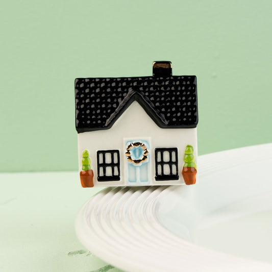 house mini with a green door and black roof on a white surface with a light green background